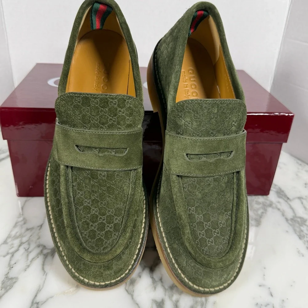 Gucci 831289 Mens GG Monogram Suede Crepe Sole Loafers Green 651289 UK 9.5